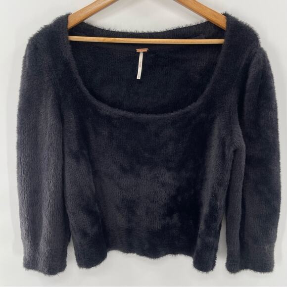 Free People Grunge Boho Moonbeam 3/4 Puff Sleeve Pullover Cropped Sweater Black - Picture 2 of 16